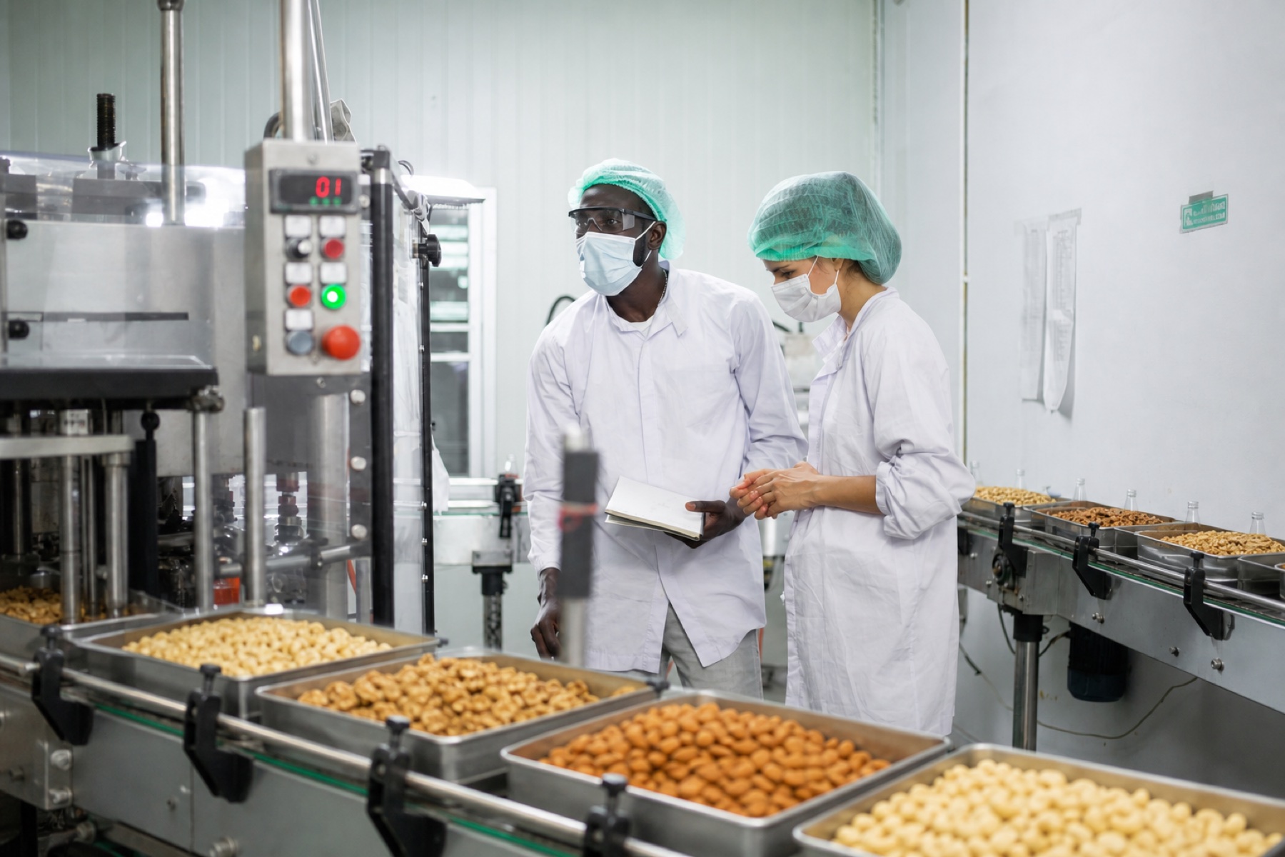 Food production professionals inspecting a processing line
